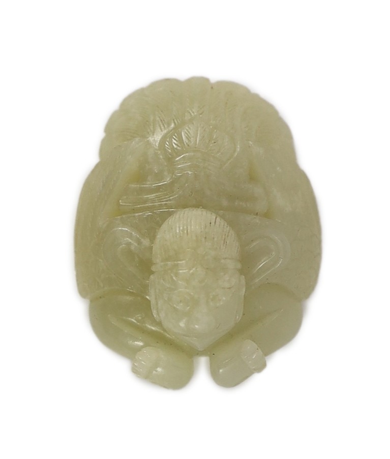 A Chinese pale celadon jade mount carved as a mythical half-man half-bird creature, 18th/19th century, 3.8cm high